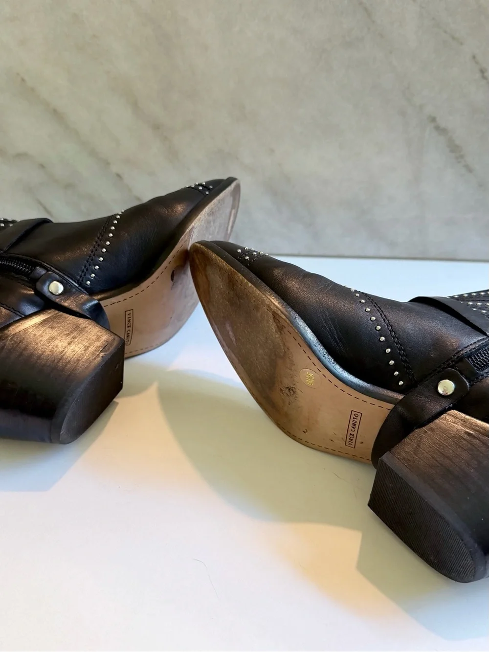 Vince Camuto Black Leather Studded Ankle Booties Western Moto Boots